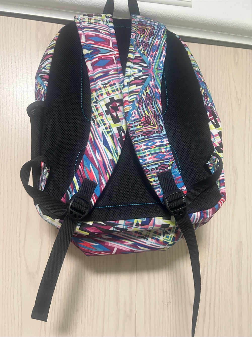 Kenneth Cole Reaction Multicolor Geometric Print Backpack - Blue Pink Black - Picture 3 of 4